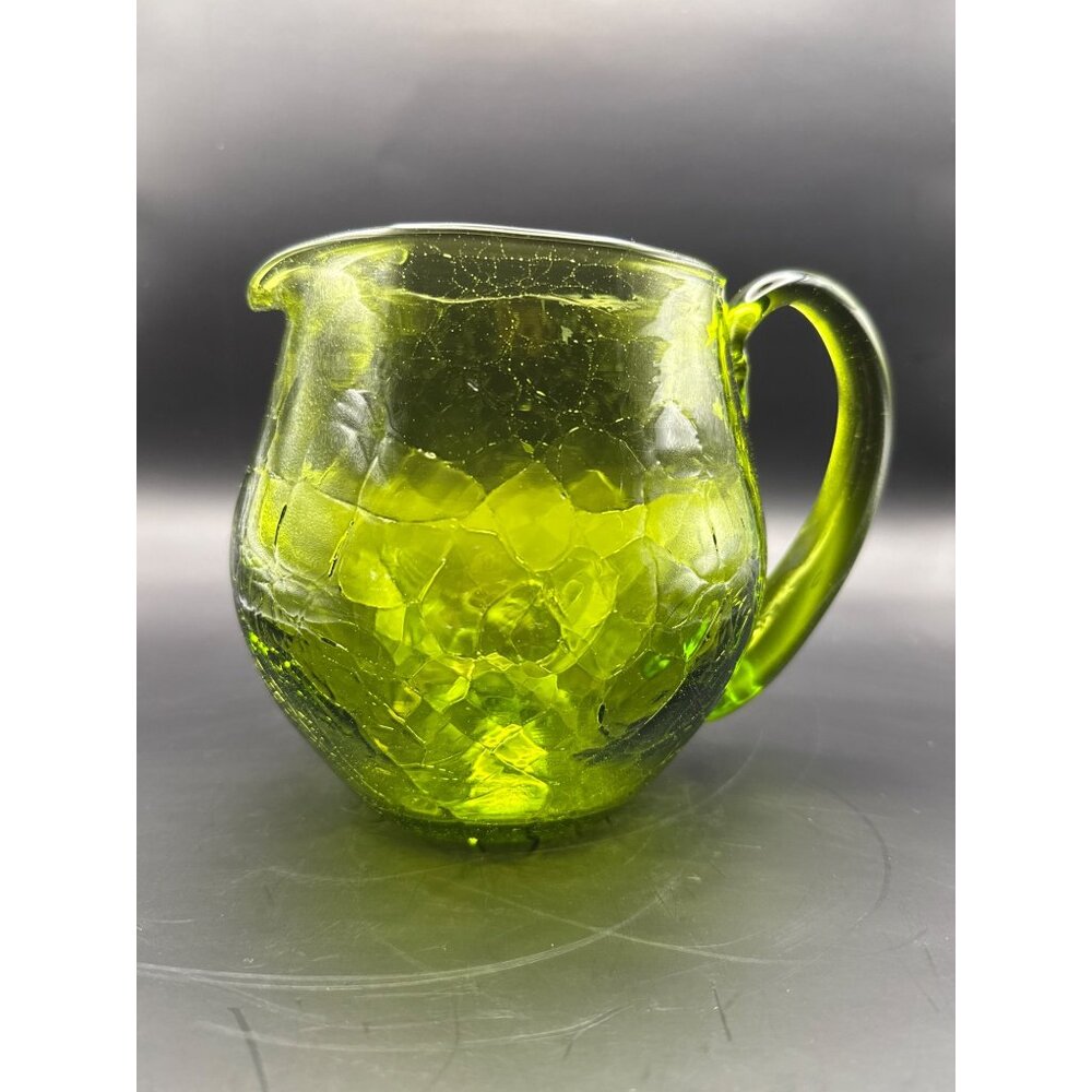 Vtg Blenko Green Crackle Glass Hand Blown Squat Pitcher Applied Handle And Spout - Picture 3 of 9